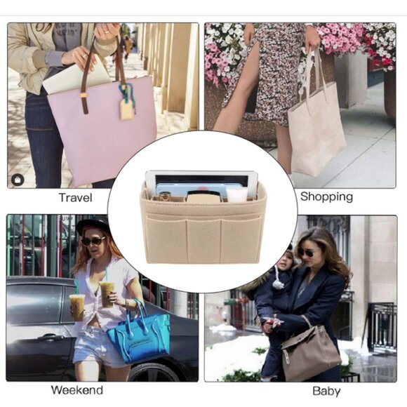 Womens Size Small Purse Organizer Insert, Felt Bag Organizer for Handbag Beige - Picture 2 of 9